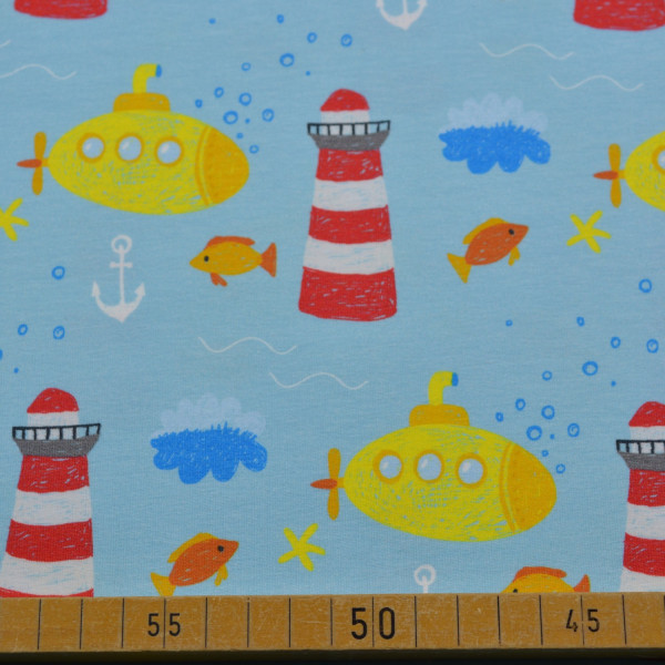 Baumwoll Jersey – U-Boote & Leuchttürme auf Hellblau | Maritimer Kinderstoff