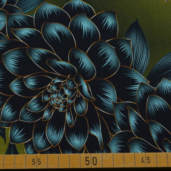 French Terry mit blau-olivfarbenem Blumenmuster | 92% Baumwolle – 150 cm breit, 250 g/m²