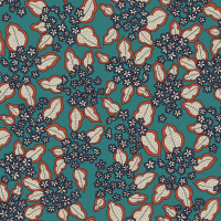Baumwoll Jersey – 95% Baumwolle, 5% Elasthan – Florales Design in Beige, Orange und Blau auf smaragdgrünem Hintergrund – 160 cm breit, 210 g/m² Baumwoll Jersey – 95% Baumwolle, 5% Elasthan – Florales Design in Beige, Orange und Blau auf smaragdgrünem Hintergrund – 160 cm breit, 210 g/m²
