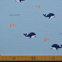 Baumwoll-Jersey mit Walmotiv und Fischen in Blau Baumwoll-Jersey mit Walmotiv und Fischen in Blau