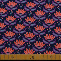 Baumwoll-Jersey – Blütenmuster Orange & Lila, elastisch, Ökotex Standard 100, 150 cm breit Baumwoll-Jersey – Blütenmuster Orange & Lila, elastisch, Ökotex Standard 100, 150 cm breit
