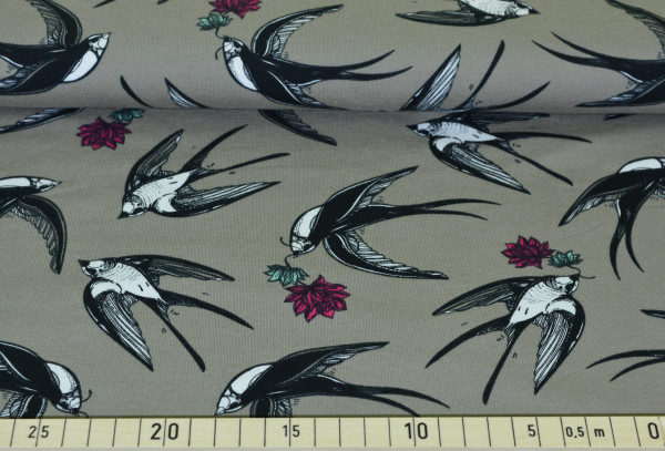 Schwalben mit Rosen (taupe) - D156