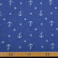 Jeansstoff mit Ankern und maritimen Mustern auf hellblau - 145 cm Breite, 195 g/m² Jeansstoff mit Ankern und maritimen Mustern auf hellblau - 145 cm Breite, 195 g/m²