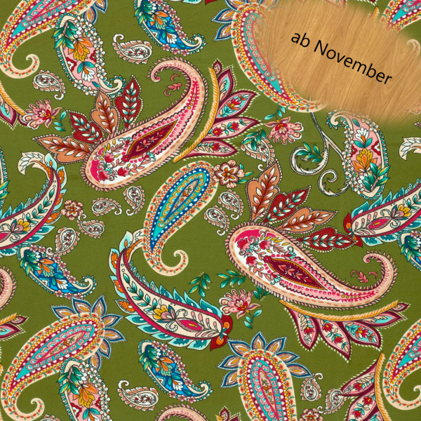 Viskose Jersey – Paisley Muster auf Grün, 95 % Viskose, 5 % Elasthan, 150 cm, 210 g/m²