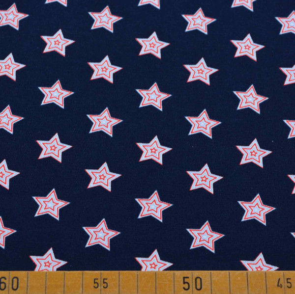 Baumwoll Jersey mit Sternenmuster: Rot und Weiß auf Schwarz, 95% Baumwolle, 5% Elasthan, 200 g/m², 150 cm breit