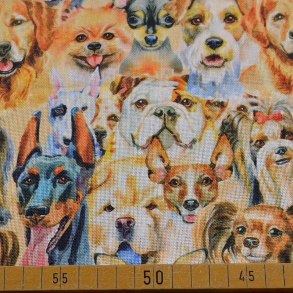 Dekostoff Hunde Portrait | Realistische Hunderassen Collage, 100% Baumwolle, 200 g/m², 140 cm breit