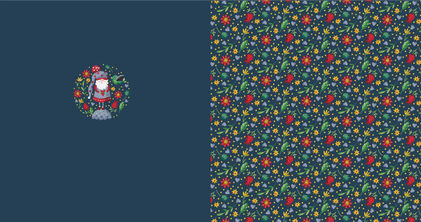 Glünz GmbH, French Terry, A737 Wanda, Panel, Wichtel, Zwerg, Blumen, flowers, heart, herz, Garten, garden, gnome, rot, red, gelb, yellow, grau, grey, anthrazit, antracite