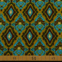 French Terry mit Ikat-Muster in Blau und Braun – elastischer Sweatstoff für Hoodies, Sweatshirts und Kleidung. French Terry mit Ikat-Muster in Blau und Braun – elastischer Sweatstoff für Hoodies, Sweatshirts und Kleidung.