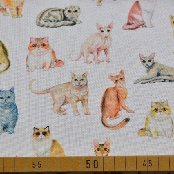 Dekostoff Katzen Pastell | Katzenmotive auf Weiß, 100% Baumwolle, 200 g/m², 140 cm breit