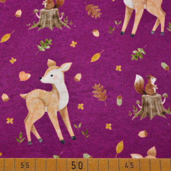 Herbstwald-Sweatshirtstoff: Rehkitz und Eichhörnchen