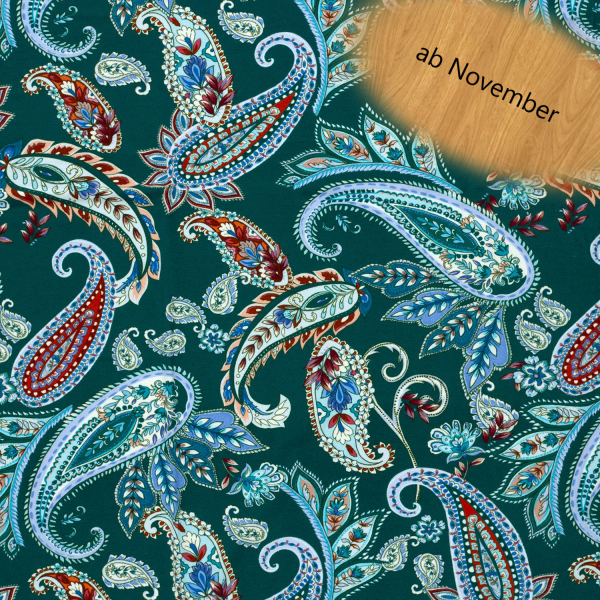 Viskose Jersey – Paisley Muster auf Dunkelgrün, 95 % Viskose, 5 % Elasthan, 150 cm, 210 g/m²