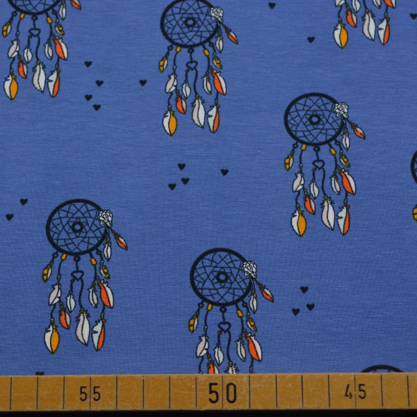 Baumwolljersey Traumfänger auf Blau | Elastischer Stoff für Kleidung & Accessoires