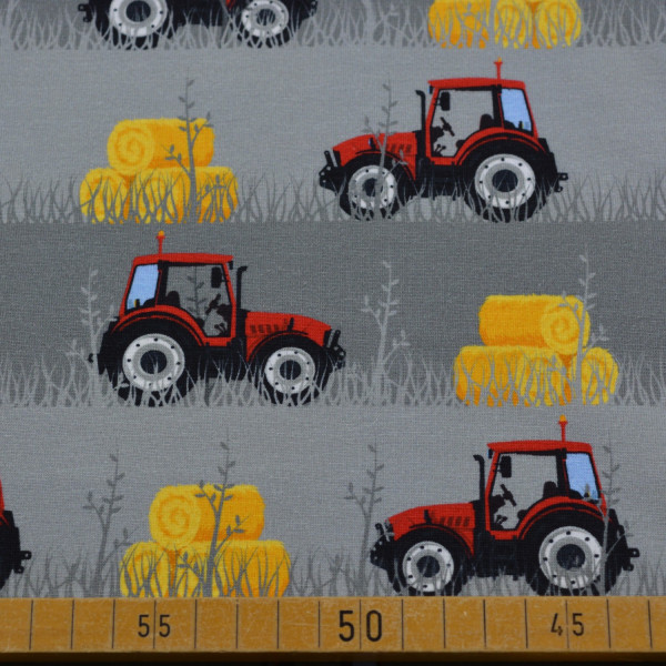 Baumwoll-Jersey mit rotem Traktor- und Strohballen-Motiv – grau