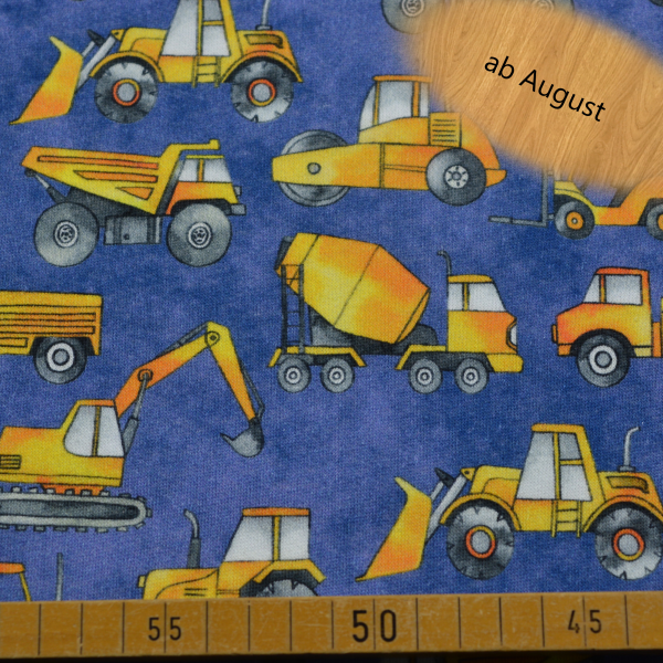 Sweatstoff Baustellenfahrzeuge blau | Bagger LKW Traktor Muster, 280 g/m², 140 cm breit