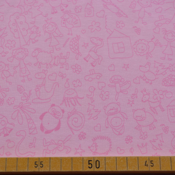 Baumwoll Jersey – Rosa mit Kinderzeichnungen | Weicher Stoff für Kindermode