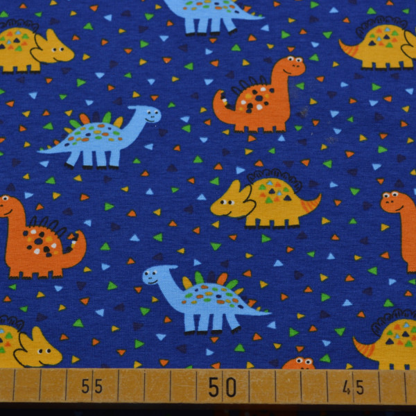 Baumwoll Jersey – Bunte Dinosaurier auf Blau | Kinderjersey mit Dino-Motiv