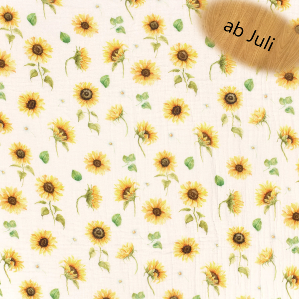 Musselin mit Sonnenblumen in Gelb-Grün | 100% Baumwolle – 130 cm breit, 130 g/m²