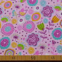 Baumwoll-Jersey in Rosa mit buntem Blumenmuster – elastischer Stoff für fröhliche Nähprojekte. Baumwoll-Jersey in Rosa mit buntem Blumenmuster – elastischer Stoff für fröhliche Nähprojekte.