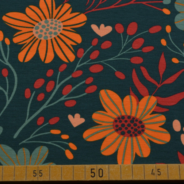 Baumwoll-Jersey – Großes Blumenmuster in warmen Farben, elastisch, Ökotex Standard 100