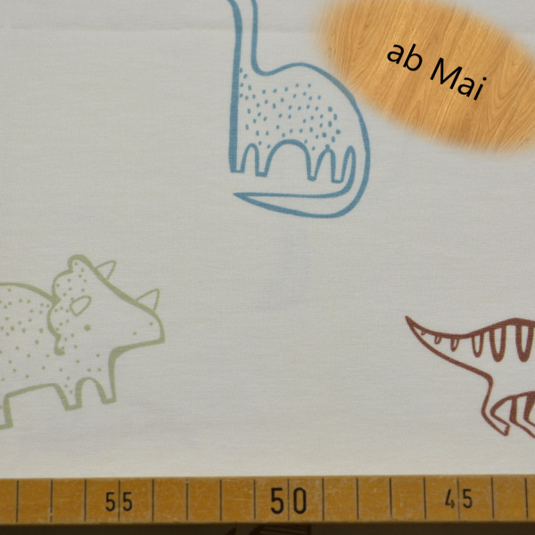 Baumwoll-Jersey mit Dino-Motiv aus 95 % Baumwolle und 5 % Elasthan – weicher, elastischer Jersey in ca. 145 cm Breite für Kinderbekleidung, Shirts und kreative Nähprojekte