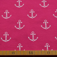 Baumwoll-Jersey mit weißen Ankern auf pinkem Hintergrund – ideal für maritime Nähprojekte. Baumwoll-Jersey mit weißen Ankern auf pinkem Hintergrund – ideal für maritime Nähprojekte.