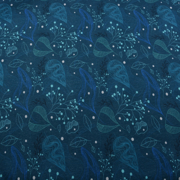 French Terry „Anke“ – Floraler Stoff in Blau | 95% Baumwolle, 5% Elasthan, 150 cm, 250 g/m²