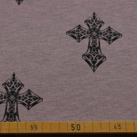 Sweatstoff – Grau mit gotischem Kreuzmuster | Perfekt für Hoodies & Streetwear Sweatstoff – Grau mit gotischem Kreuzmuster | Perfekt für Hoodies & Streetwear