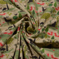 Vorschau: Baumwoll-Jersey mit Waldmotiv – Rehe, Füchse und Bäume auf cremefarbenem Hintergrund. Vorschau: Baumwoll-Jersey mit Waldmotiv – Rehe, Füchse und Bäume auf cremefarbenem Hintergrund.