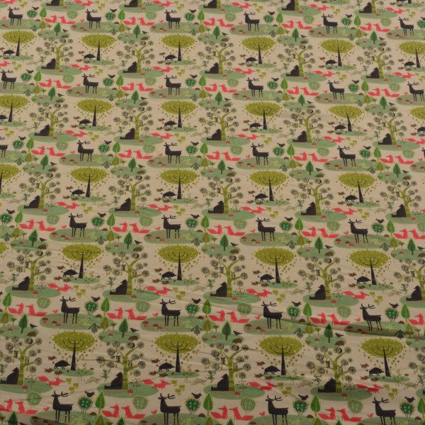 Baumwoll-Jersey mit Waldmotiv – Rehe, Füchse und Bäume auf cremefarbenem Hintergrund.
