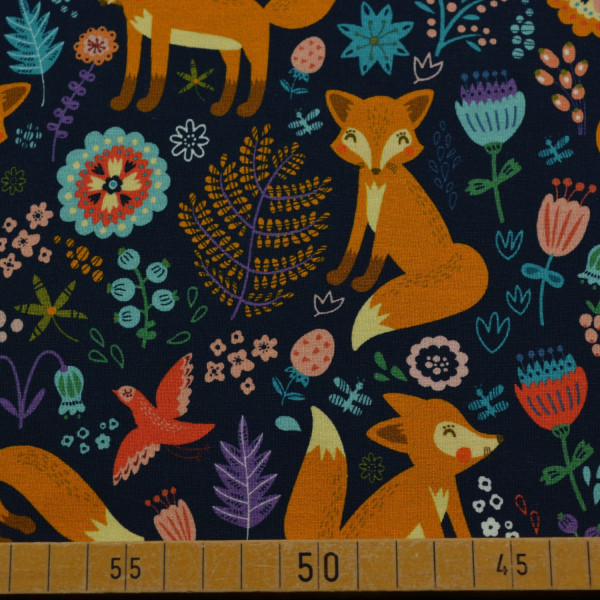 Baumwoll-Jersey mit Fuchs- und Waldmotiv – Perfekt für kreative Nähprojekte