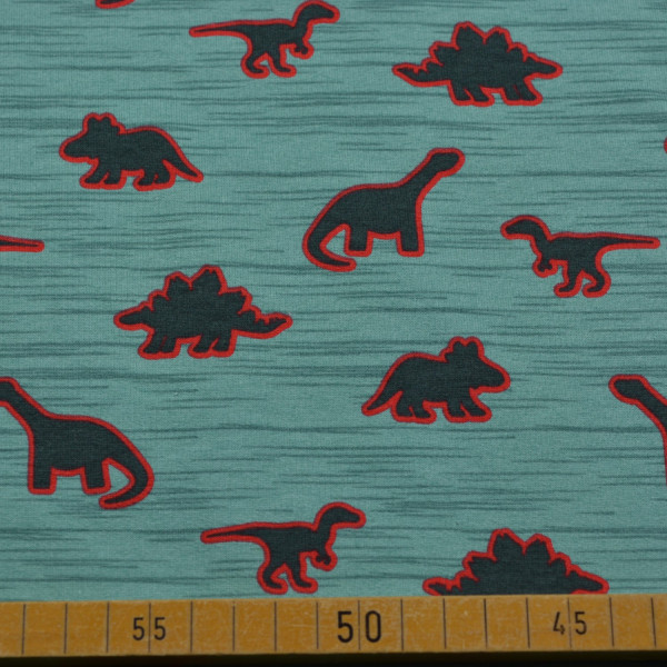 French Terry – Dino Silhouetten auf Meliertem Grün | Sweatstoff für Kinderbekleidung