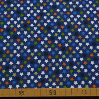 Baumwoll Jersey – Kleine bunte Sterne auf Dunkelblau | Kinderstoff mit Elastan Baumwoll Jersey – Kleine bunte Sterne auf Dunkelblau | Kinderstoff mit Elastan
