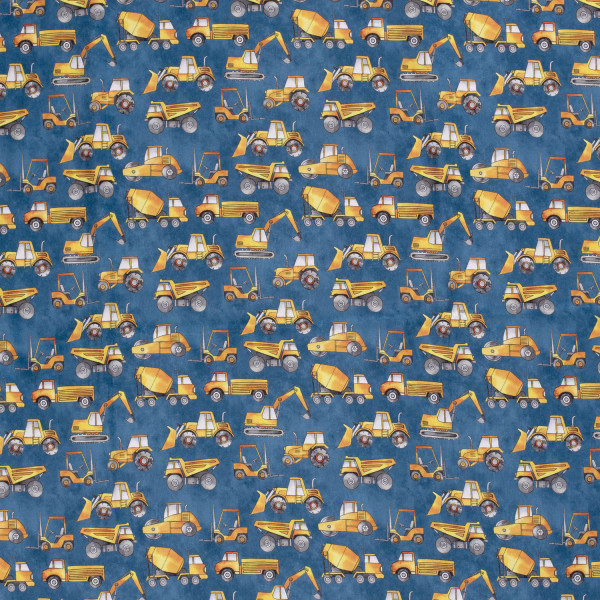 Softshellstoff mit Baufahrzeug-Design auf blauem Hintergrund – wetterfeste Meterware für Outdoor-Kleidung.