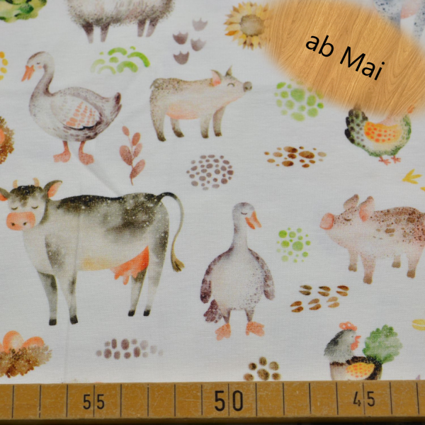 Baumwolljersey mit Bauernhof-Motiv und Tieren