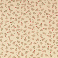 Baumwollstoff bedruckt mit stilisierten Weihnachtsbäumen und roten Punkten, die wie eine Lichterkette aussehen, auf naturfarbenem Untergrund - 141 cm Breite Baumwollstoff bedruckt mit stilisierten Weihnachtsbäumen und roten Punkten, die wie eine Lichterkette aussehen, auf naturfarbenem Untergrund - 141 cm Breite