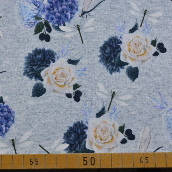 Baumwolljersey mit Blumen und Libellen auf Grau | 95% Baumwolle – 150 cm breit, 200 g/m²