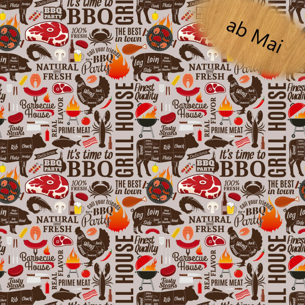 BBQ-Dekostoff: Fleisch, Flammen und Grillwerkzeuge auf Baumwolle