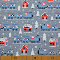 Weihnachtsfreude: Festlicher French Terry Stoff mit Weihnachtsmann, Schneemännern und Zug Weihnachtsfreude: Festlicher French Terry Stoff mit Weihnachtsmann, Schneemännern und Zug