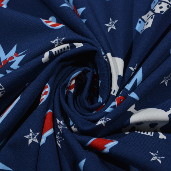 Baumwoll Jersey – Totenkopf, Blitze & Comic-Style auf Dunkelblau | Cooles Design für Kinder & Teens