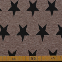 Brauner Strickstoff mit schwarzen Sternen – 85% Baumwolle, 12% Viskose, 3% Elasthan, 150 cm breit, 280 g/m². Brauner Strickstoff mit schwarzen Sternen – 85% Baumwolle, 12% Viskose, 3% Elasthan, 150 cm breit, 280 g/m².