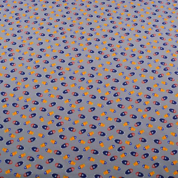 Baumwoll Jersey mit Guppy-Fischen: Grauer Hintergrund, Fische in Blau, Rot, Orange und gelben Highlights, 95% Baumwolle, 5% Elasthan, 220 g/m², 150 cm breit