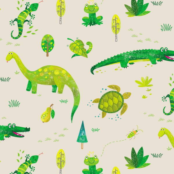 Glünz GmbH, Baumwoll Jersey, D443 Sina, grün, green, dinosaurier, dinsaur, krokodil, crocodile, turtle, schildkröte, frosch, frog, palme, palmtree, salamander, gecco, 