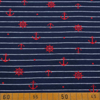Maritimer Baumwoll Jersey mit Anker und Schiffsrädern auf Weißen Linien - 95% Baumwolle, 5% Elasthan, 200 g/m², 154 cm breit Maritimer Baumwoll Jersey mit Anker und Schiffsrädern auf Weißen Linien - 95% Baumwolle, 5% Elasthan, 200 g/m², 154 cm breit