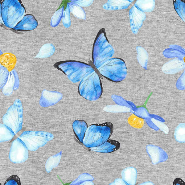 Glünz GmbH, Baumwoll Jersey, digital bedruckt, Jolanta A696, schetterling, butterfly, frühling, spring, flower, blume, blau