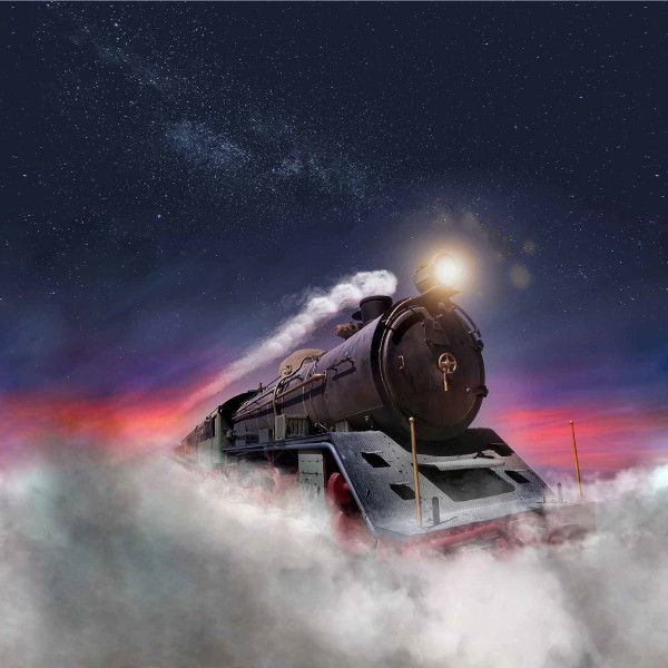 Glünz GmbH, Baumwoll Jersey, Roger A725, Panel, Sternenhimmel, star, nightsky, dawn, sunset, sonnenuntergang, dampflok, steamengine, train, lokomotive, bahn, eisenbahn, railway