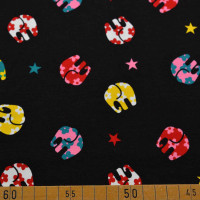 Baumwoll Jersey mit Elefanten in Rosa, Gelb, Weiß, Rot und Blau auf Schwarzem Hintergrund - 95% Baumwolle, 5% Elasthan, 220 g/m², 150 cm breit Baumwoll Jersey mit Elefanten in Rosa, Gelb, Weiß, Rot und Blau auf Schwarzem Hintergrund - 95% Baumwolle, 5% Elasthan, 220 g/m², 150 cm breit