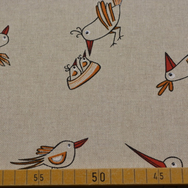 Dekostoff mit lustigen Vögeln in Orange auf Beige | Baumwolle-Polyester – 140 cm breit, 160 g/m²