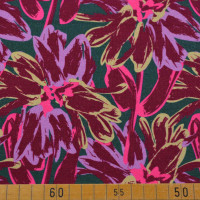 French Terry 'Karin' mit Blumenmotiv: Dunkelgrün, violette Blüten, Akzente in Bordeauxrot und Gelb, pinke Umrandungen - 95% Baumwolle, 5% Elasthan,... French Terry 'Karin' mit Blumenmotiv: Dunkelgrün, violette Blüten, Akzente in Bordeauxrot und Gelb, pinke Umrandungen - 95% Baumwolle, 5% Elasthan, 230 g/m², 150 cm breit