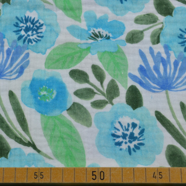 Musselin Stoff – 100% Baumwolle – Florales Muster in Blau- und Grüntönen – 130 cm breit, 125 g/m²