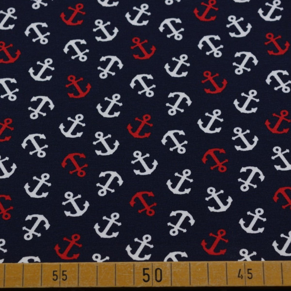 Baumwolljersey mit maritimen Ankern | 95% Baumwolle – 150 cm breit, 220 g/m²
